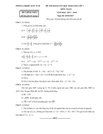 Đề thi khảo sát học sinh giỏi môn Toán Lớp 7 - Năm học 2017-2018 - Phòng GD và ĐT Kon Tum (Có đáp án)