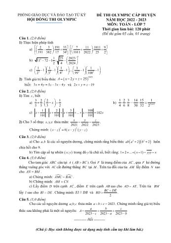 Đề thi Olympic cấp huyện môn Toán Lớp 7 - Năm học 2022-2023 - Phòng GD và ĐT Tứ Kỳ (Có đáp án)