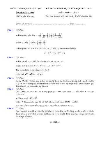 Đề thi Olympic đợt 1 môn Toán Lớp 7 - Năm học 2022-2023 - Phòng GD và ĐT Ứng Hòa