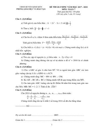 Đề thi Olympic môn Toán Lớp 7 - Năm học 2017-2018 - Phòng GD và ĐT Kinh Môn (Có đáp án)