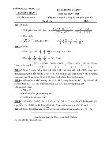 Đề thi Olympic môn Toán Lớp 7 - Năm học 2020-2021 - Phòng GD và ĐT Quốc Oai (Có đáp án)