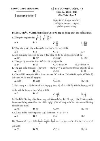 Đề thi Olympic môn Toán Lớp 7 - Năm học 2022-2023 - Phòng GD và ĐT Thanh Oai (Có đáp án)
