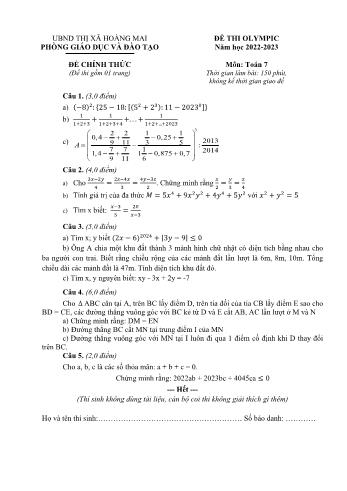 Đề thi Olympic môn Toán Lớp 7 - Năm học 2022-2023 - Phòng GD và ĐT Thị xã Hoàng Mai (Có đáp án)