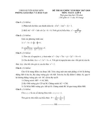 Đề thi olympic môn Toán Lớp 8 - Năm học 2017-2018 - Phòng GD và ĐT Kinh Môn (Có đáp án)