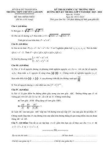 Đề thi olympic môn Toán Lớp 9 - Năm học 2023-2024 - Trường THPT chuyên Lam Sơn (Có đáp án)