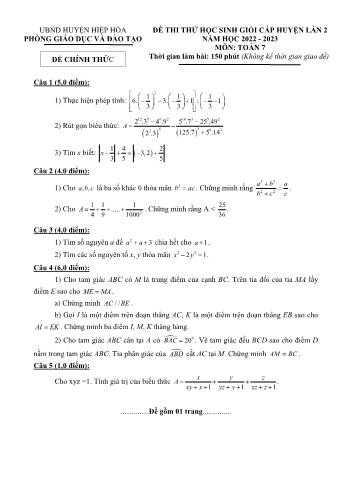 Đề thi thử học sinh giỏi cấp huyện lần 2 môn Toán Lớp 7 - Năm học 2022-2023 - Phòng GD và ĐT Hiệp Hòa (Có đáp án)