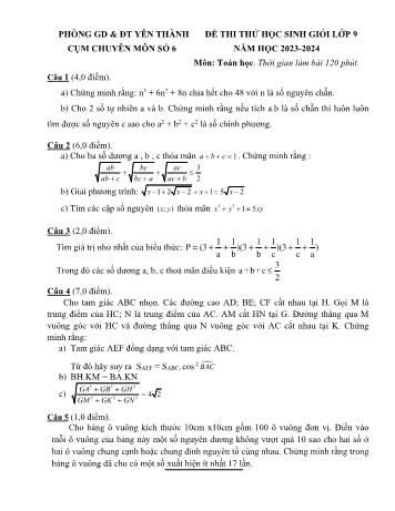 Đề thi thử học sinh giỏi môn Toán Lớp 9 - Năm học 2023-2024 - Phòng GD và ĐT Yên Thành (Có đáp án)