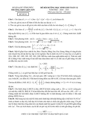 Đề bồi dưỡng học sinh giỏi môn Toán Lớp 12 - Đề số 1 - Năm học 2020-2021 - Trường THPT Liễn Sơn