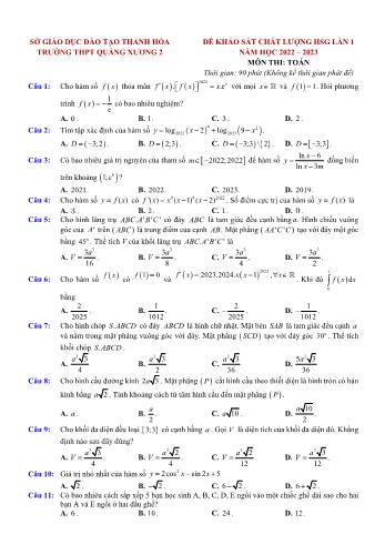 Đề khảo sát chất lượng học sinh giỏi lần 1 môn Toán Lớp 12 - Năm học 2022-2023 - Trường THPT Quảng Xương 2 (Có đáp án)