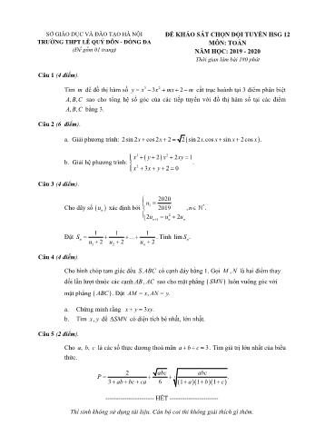 Đề khảo sát chọn đội tuyển học sinh giỏi môn Toán Lớp 12 - Năm học 2019-2020 - Trường THPT Lê Quý Đôn (Có đáp án)