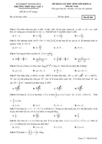 Đề khảo sát học sinh giỏi môn Toán Lớp 12 - Mã đề 001 - Năm học 2022-2023 - Trường THPT Hậu Lộc 1 (Có đáp án)