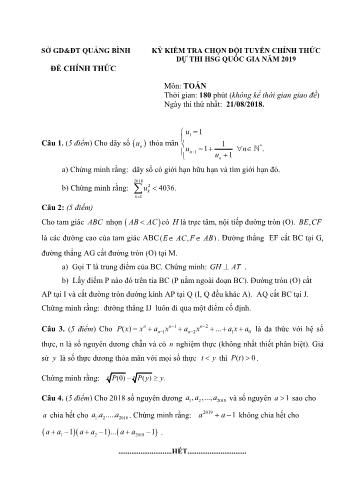 Đề kiểm tra chọn đội tuyển dự thi học sinh giỏi Quốc gia môn Toán Lớp 12 năm 2019 - Sở GD và ĐT Quảng Bình (Có đáp án)