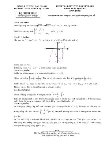 Đề kiểm tra đội tuyển học sinh giỏi môn Toán Lớp 12 - Năm học 2022-2023 - Trường THPT chuyên Vị Thanh (Có đáp án)