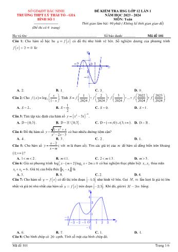 Đề kiểm tra học sinh giỏi lần 1 môn Toán Lớp 12 - Mã đề 101 - Năm học 2023-2024 - Trường THPT Lý Thái Tổ (Có đáp án)