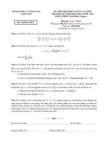 Đề thi chọn đội tuyển dự thi học sinh giỏi Quốc gia môn Toán Lớp 12 - Vòng 1 - Năm học 2018-2019 - Sở GD và ĐT Lạng Sơn (Có đáp án)