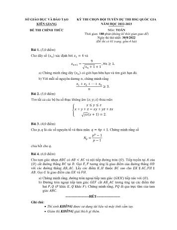Đề thi chọn đội tuyển dự thi học sinh giỏi Quốc gia môn Toán Lớp 12 - Năm học 2022-2023 - Sở GD và ĐT Kiên Giang (Có đáp án)