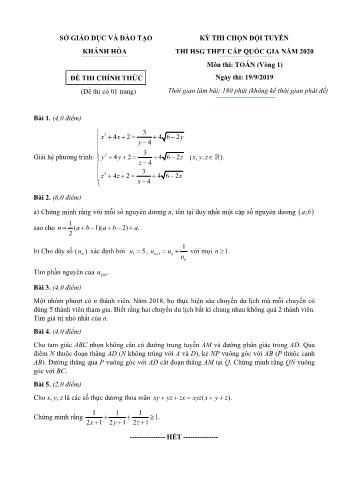 Đề thi chọn đội tuyển dự thi học sinh giỏi Quốc gia môn Toán Lớp 12 năm 2020 - Vòng 1 - Sở GD và ĐT Khánh Hòa (Có đáp án)