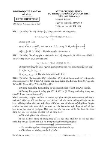 Đề thi chọn đội tuyển dự thi học sinh giỏi Quốc gia môn Toán Lớp 12 - Năm học 2018-2019 - Sở GD và ĐT Hà Tĩnh (Có đáp án)