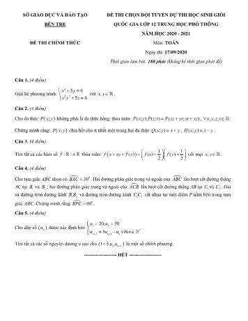 Đề thi chọn đội tuyển dự thi học sinh giỏi Quốc gia môn Toán Lớp 12 - Năm học 2020-2021 - Sở GD và ĐT Bến Tre