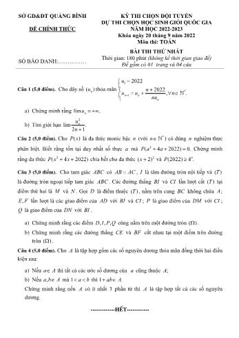 Đề thi chọn đội tuyển dự thi học sinh giỏi Quốc gia môn Toán Lớp 12 - Năm học 2022-2023 - Sở GD và ĐT Quảng Bình (Có đáp án)