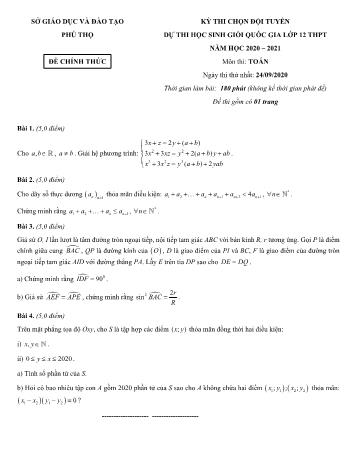 Đề thi chọn đội tuyển dự thi học sinh giỏi Quốc gia môn Toán Lớp 12 - Năm học 2020-2021 - Sở GD và ĐT Phú Thọ