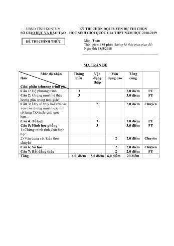 Đề thi chọn đội tuyển dự thi học sinh giỏi Quốc gia môn Toán Lớp 12 - Năm học 2018-2019 - Sở GD và ĐT Kon Tum (Có đáp án)