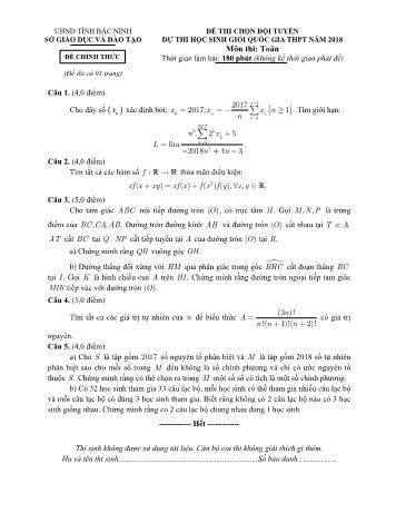 Đề thi chọn đội tuyển dự thi học sinh giỏi Quốc gia môn Toán Lớp 12 năm 2018 - Sở GD và ĐT Bắc Ninh (Có đáp án)