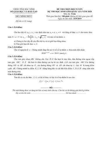 Đề thi chọn đội tuyển dự thi học sinh giỏi Quốc gia môn Toán Lớp 12 năm 2020 - Sở GD và ĐT Bắc Ninh (Có đáp án)