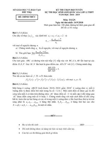 Đề thi chọn đội tuyển dự thi học sinh giỏi Quốc gia môn Toán Lớp 12 - Năm học 2018-2019 - Sở GD và ĐT Phú Thọ (Có đáp án)