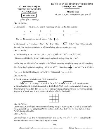 Đề thi chọn đội tuyển dự thi học sinh giỏi tỉnh môn Toán Lớp 12 - Năm học 2023-2024 - Trường THPT chuyên Phan Bội Châu (Có đáp án)