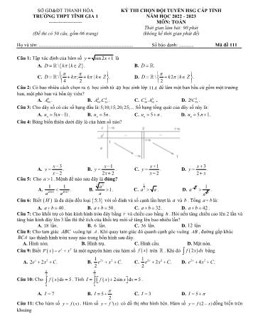 Đề thi chọn đội tuyển học sinh giỏi cấp tỉnh môn Toán Lớp 12 - Mã đề 111 - Năm học 2022-2023 - Trường THPT Tĩnh Gia 1 (Có đáp án)