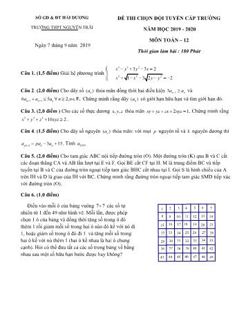 Đề thi chọn đội tuyển học sinh giỏi cấp trường môn Toán Lớp 12 - Năm học 2019-2020 - Trường THPT Nguyễn Trãi (Có đáp án)