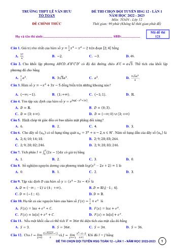 Đề thi chọn đội tuyển học sinh giỏi lần 1 môn Toán Lớp 12 - Mã đề 121 - Năm học 2022-2023 - Trường THPT Lê Văn Hưu (Có đáp án)