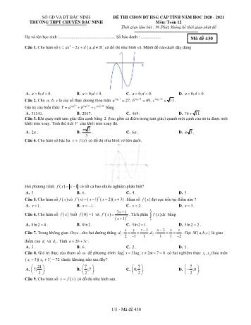 Đề thi chọn đội tuyển học sinh giỏi môn Toán Lớp 12 - Mã đề 430 - Năm học 2020-2021 - Trường THPT chuyên Bắc Ninh