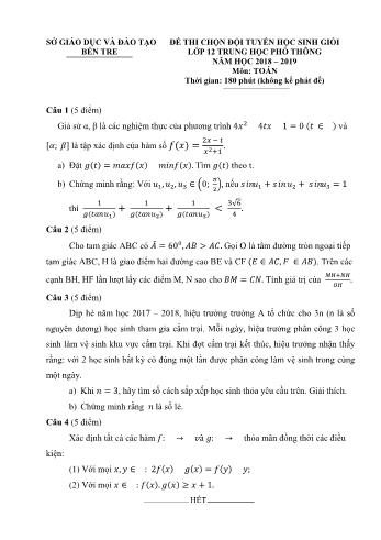 Đề thi chọn đội tuyển học sinh giỏi Quốc gia môn Toán Lớp 12 - Năm học 2018-2019 - Sở GD và ĐT Bến Tre (Có đáp án)