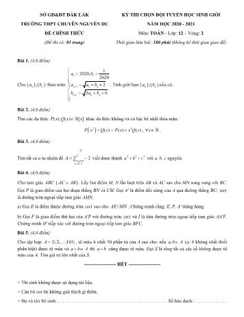 Đề thi chọn đội tuyển học sinh giỏi vòng 2 môn Toán Lớp 12 - Năm học 2020-2021 - Trường THPT chuyên Nguyễn Du