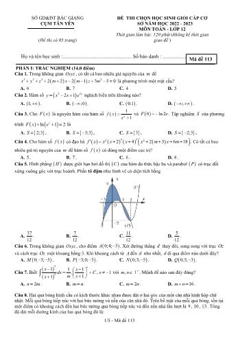 Đề thi chọn học sinh giỏi cấp cơ sở môn Toán Lớp 12 - Mã đề 113 - Năm học 2022-2023 - Cụm trường THPT huyện Tân Yên