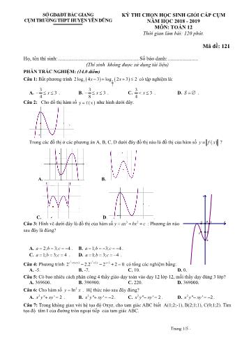 Đề thi chọn học sinh giỏi cấp cụm môn Toán Lớp 12 - Mã đề 121 - Năm học 2018-2019 - Cụm trường THPT huyện Yên Dũng