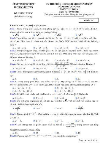 Đề thi chọn học sinh giỏi cấp huyện môn Toán Lớp 12 - Mã đề 101 - Năm học 2019-2020 - Cụm trường THPT huyện Việt Yên