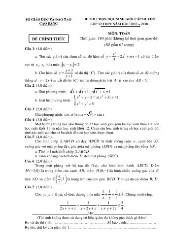 Đề thi chọn học sinh giỏi cấp huyện môn Toán Lớp 12 - Năm học 2017-2018 - Sở GD và ĐT Cao Bằng (Có đáp án)