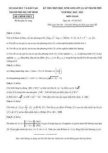 Đề thi chọn học sinh giỏi cấp thành phố môn Toán Lớp 12 - Năm học 2022-2023 - Sở GD và ĐT Thành phố Hồ Chí Minh