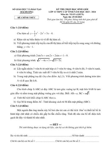 Đề thi chọn học sinh giỏi cấp tỉnh môn Toán (GDTX) Lớp 12 - Năm học 2023-2024 - Sở GD và ĐT Hải Dương (Có đáp án)