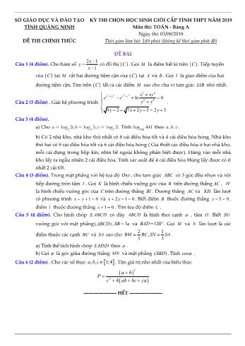 Đề thi chọn học sinh giỏi cấp tỉnh môn Toán Lớp 12 - Bảng A - Năm học 2019-2020 - Sở GD và ĐT Quảng Ninh (Có đáp án)