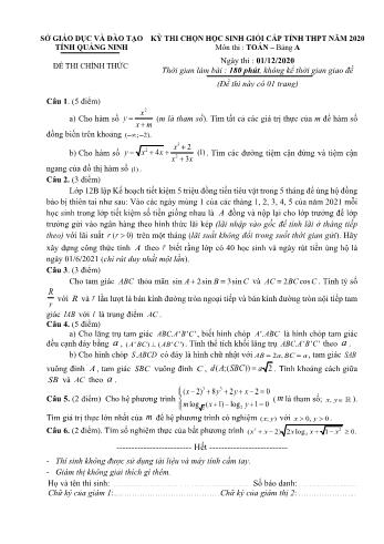 Đề thi chọn học sinh giỏi cấp tỉnh môn Toán Lớp 12 - Bảng A - Năm học 2020-2021 - Sở GD và ĐT Quảng Ninh (Có đáp án)