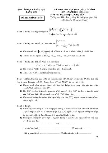 Đề thi chọn học sinh giỏi cấp tỉnh môn Toán Lớp 12 (Chuyên) - Năm học 2021-2022 - Sở GD và ĐT Lạng Sơn (Có đáp án)