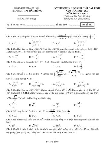 Đề thi chọn học sinh giỏi cấp tỉnh môn Toán Lớp 12 - Mã đề 007 - Năm học 2022-2023 - Trường THPT Hàm Rồng (Có đáp án)