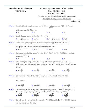 Đề thi chọn học sinh giỏi cấp tỉnh môn Toán Lớp 12 - Mã đề 106 - Năm học 2021-2022 - Sở GD và ĐT Thanh Hóa (Có đáp án)