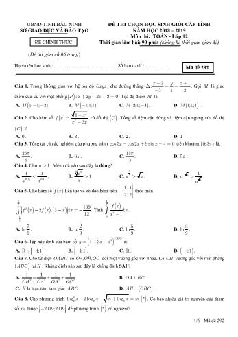 Đề thi chọn học sinh giỏi cấp tỉnh môn Toán Lớp 12 - Mã đề 292 - Năm học 2018-2019 - Sở GD và ĐT Bắc Ninh (Có đáp án)