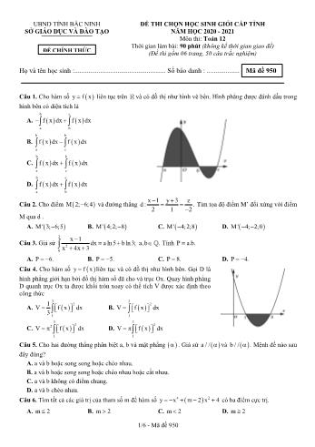Đề thi chọn học sinh giỏi cấp tỉnh môn Toán Lớp 12 - Mã đề 950 - Năm học 2020-2021 - Sở GD và ĐT Bắc Ninh (Có đáp án)
