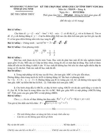 Đề thi chọn học sinh giỏi cấp tỉnh môn Toán Lớp 12 năm 2016 - Bảng A - Sở GD và ĐT Quảng Ninh (Có đáp án)